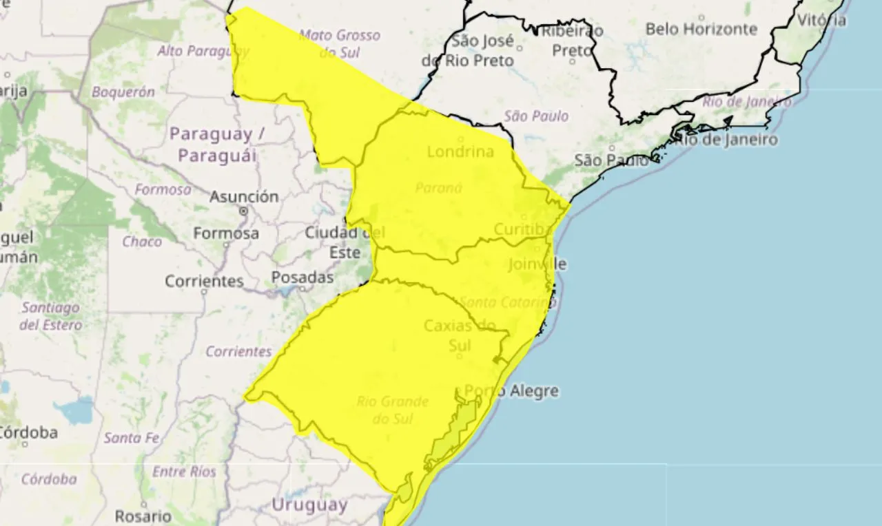 O mapa mostra as &aacute;reas em alerta para chuva intensa